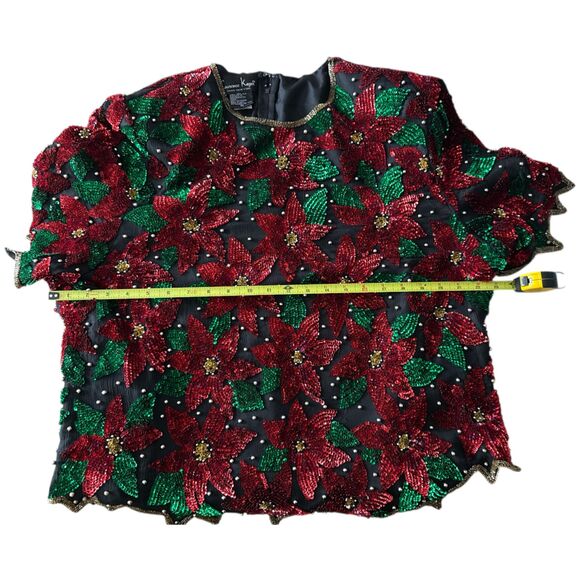 VTG Laurence Kazar 2X Silk Beaded Sequin Poinsettia Christmas Top Blouse - Picture 3 of 7